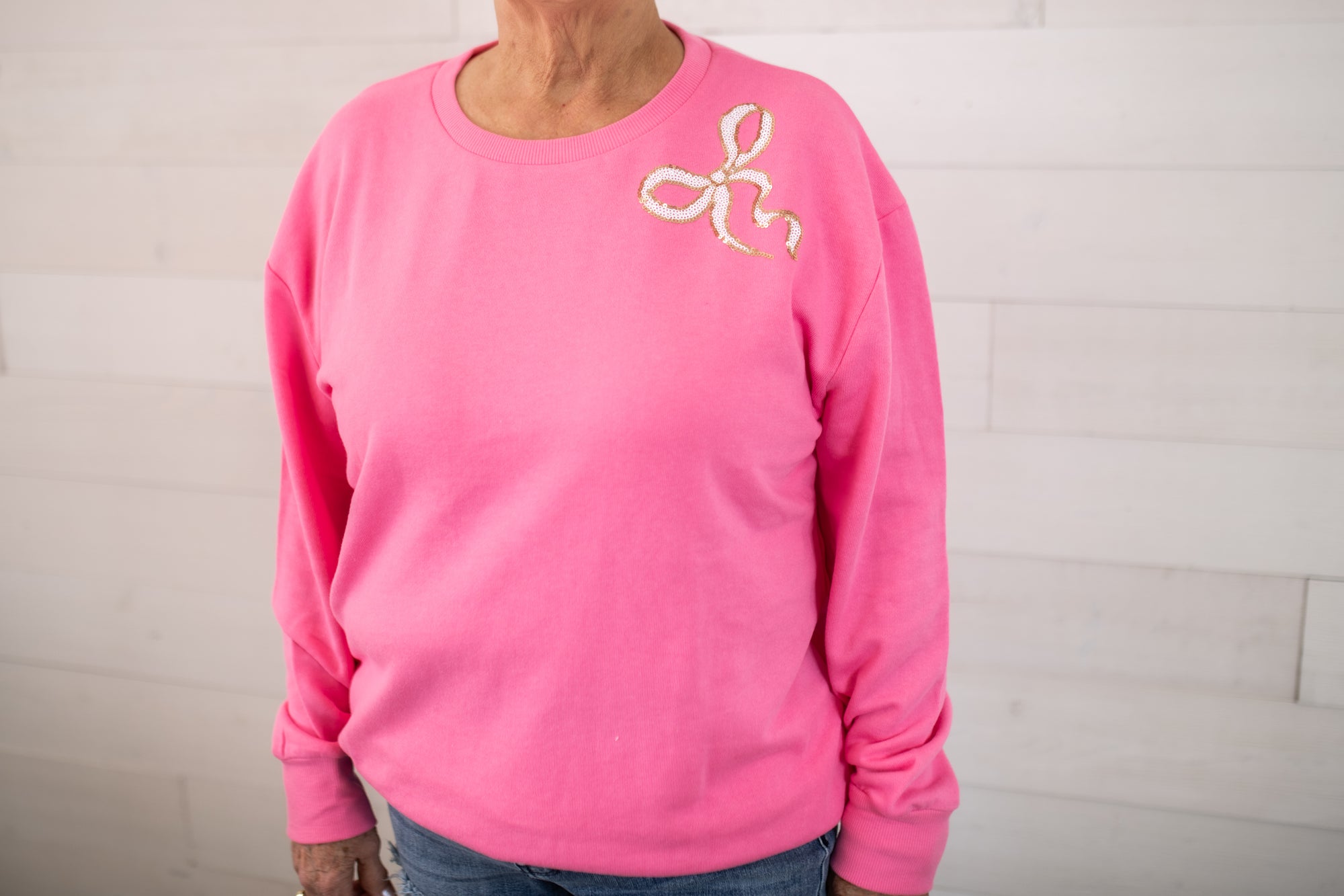 The Royal Standard Bow Sequin Sweatshirt-Pink, Gold & White