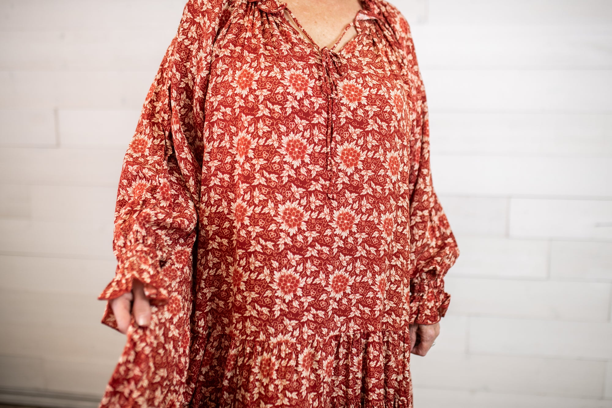 Flower Print Tie Oversized Maxi Dress-Burgundy