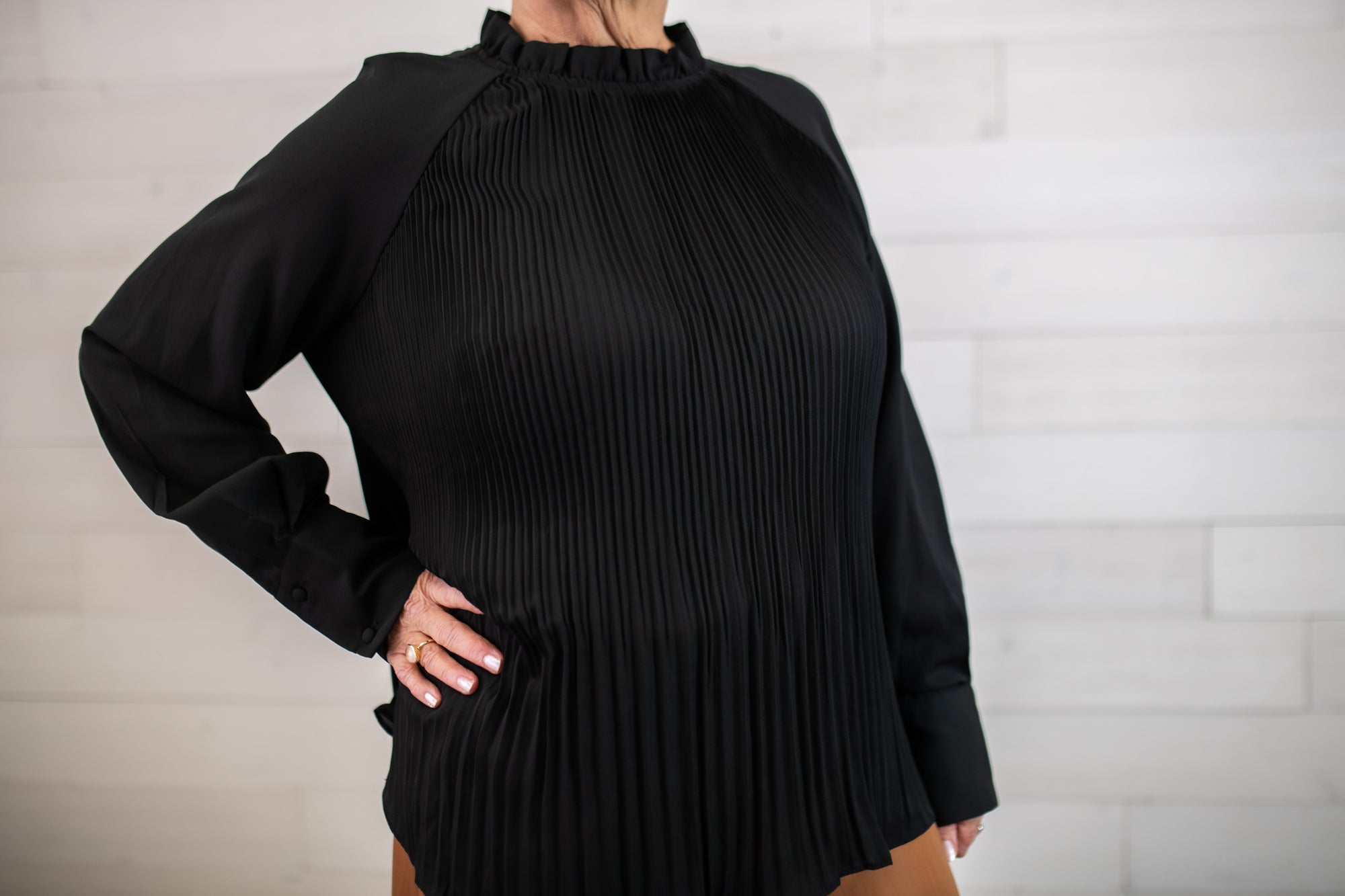 Black Ruffle Neck Pleated Long Sleeve Blouse