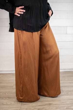 Light Satin Wide Leg Pants-Camel