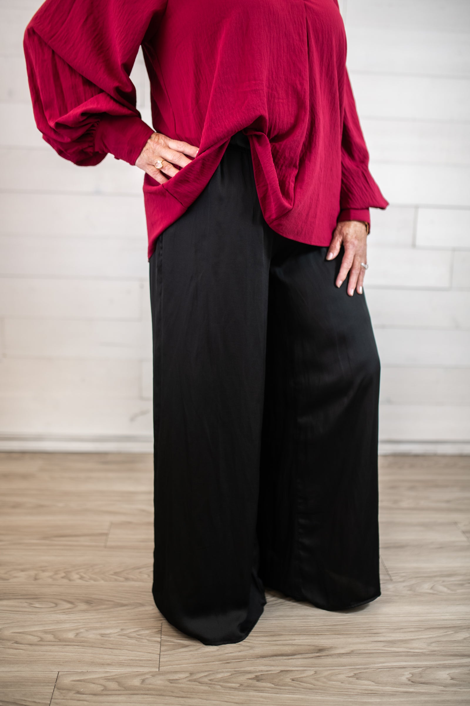 Light Satin Wide Leg Pants-Black