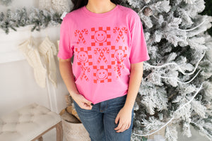 "Smiley Face's & Candy Cane's" Pink Graphic Tee