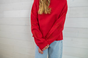 Paper Flower Red Star Rhinestone Crop Graphic Sweatshirt