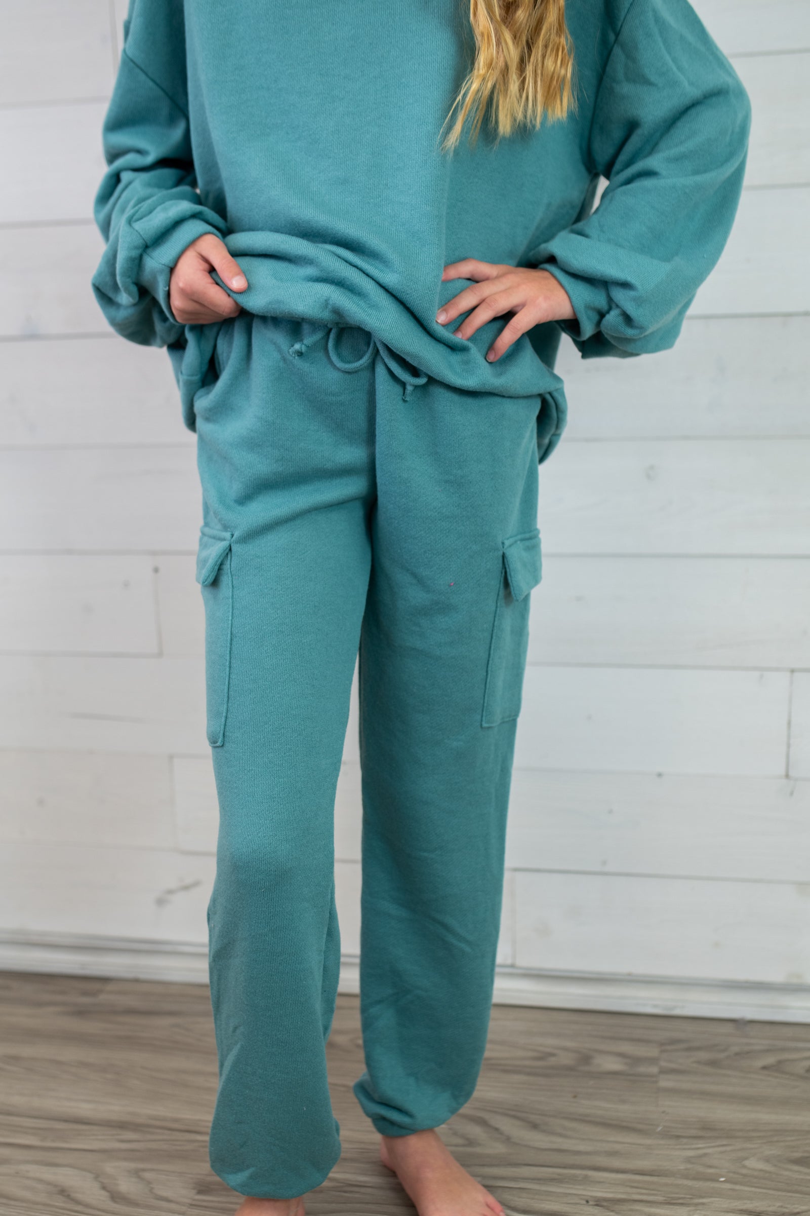 Good Girl Cotton French Terry Cargo Pants-Teal