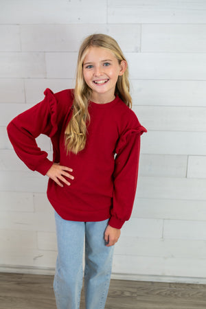 Good Girl Red Ruffled Brush Knit Sweater-Red