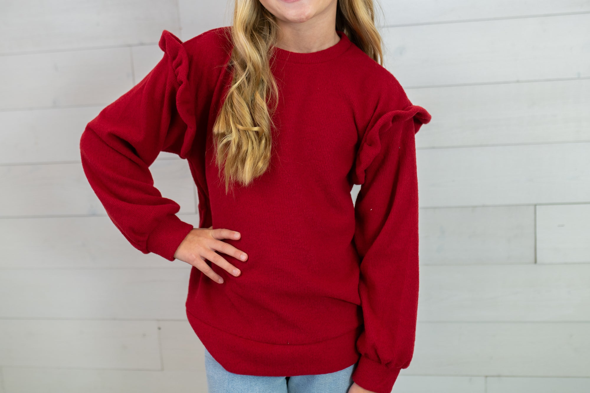 Good Girl Red Ruffled Brush Knit Sweater-Red