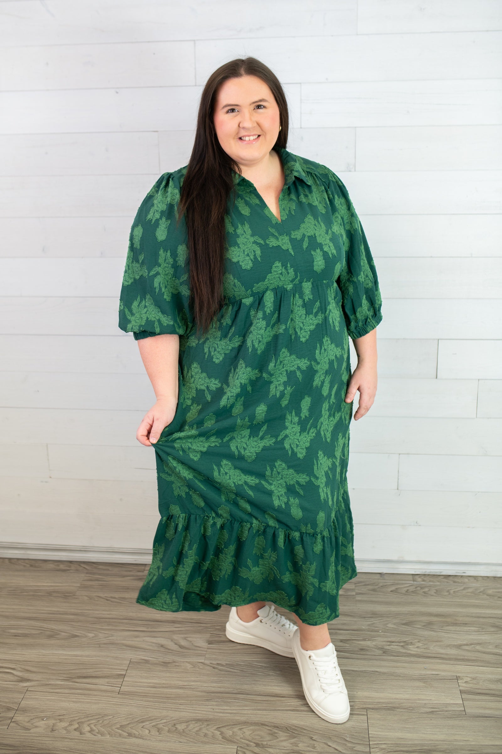 Umgee Hunter Green Floral Collared Midi Dress