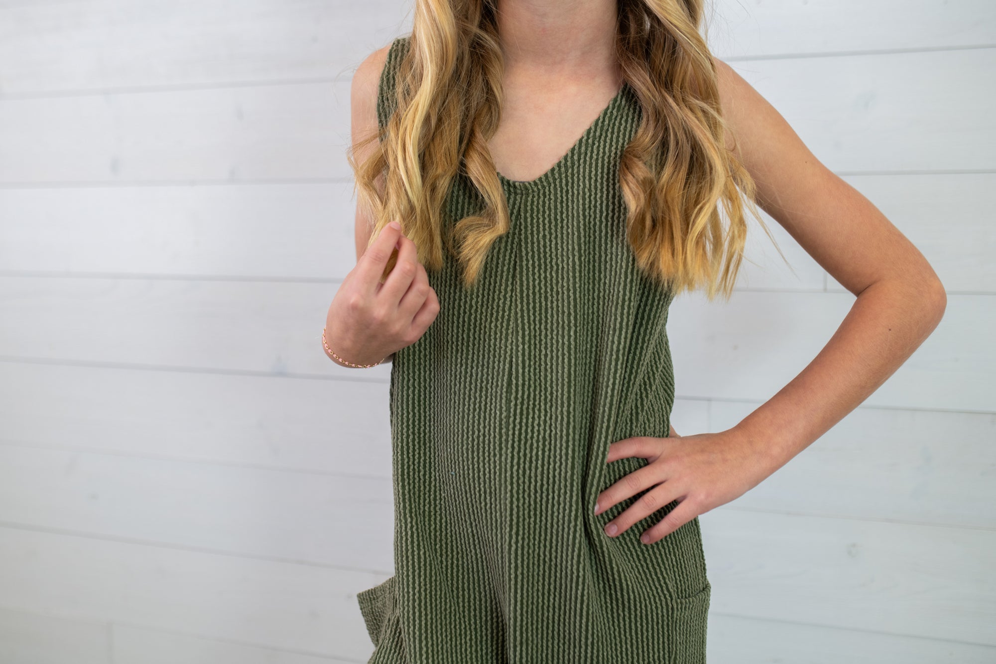 Good Girl Embossed Ribbed Sleeveless Jumpsuit-Olive