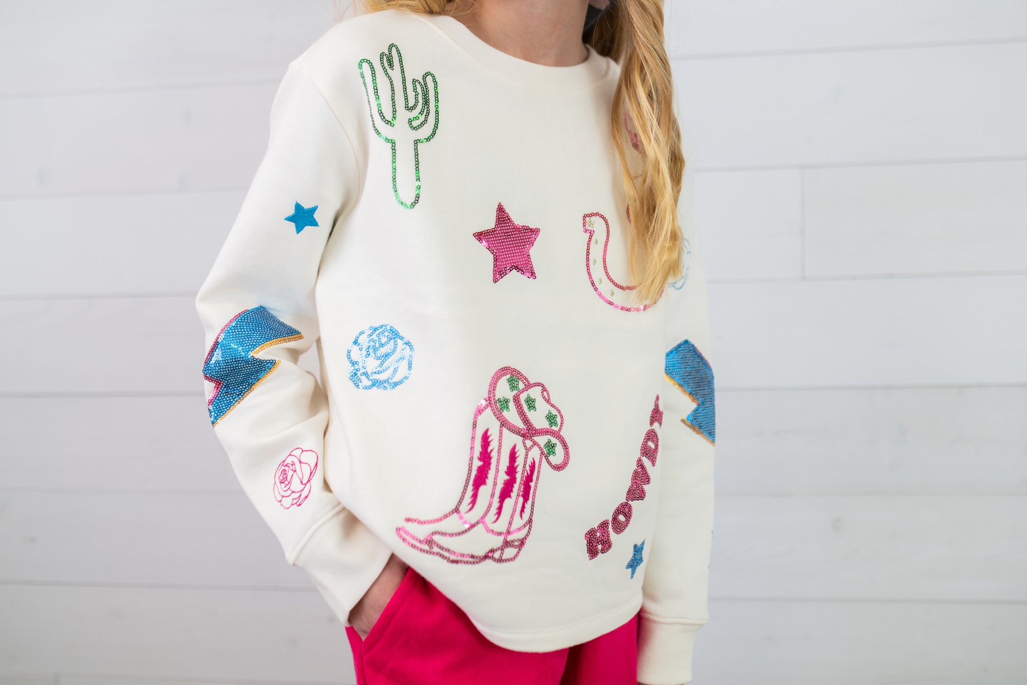 Paper Flower Howdy Sequin Western Icon Sweatshirt-White