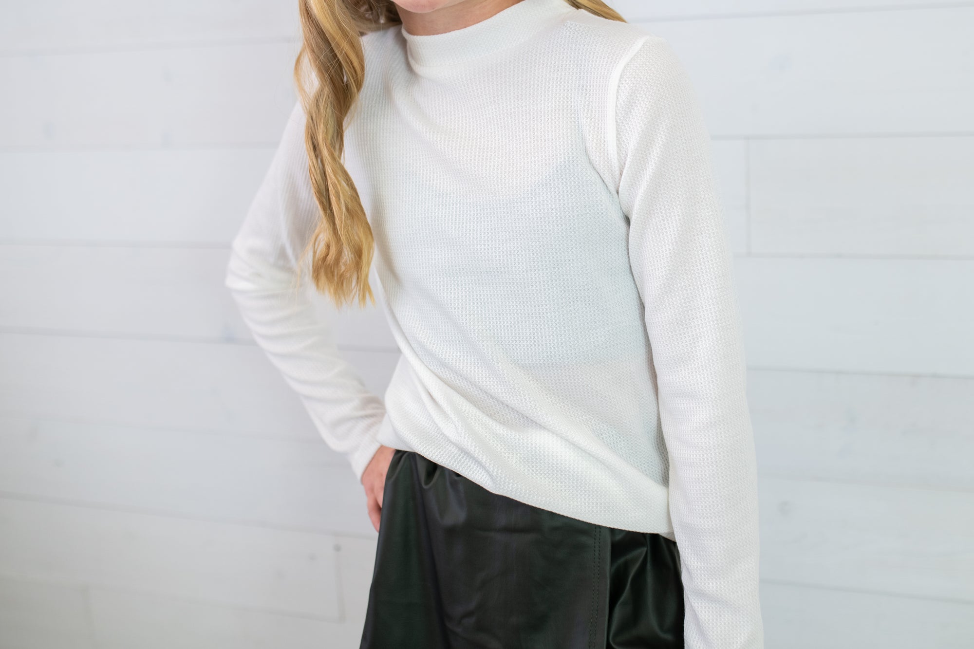 Good Girl Thermal Knit Mock Neck Basic Top-Off White