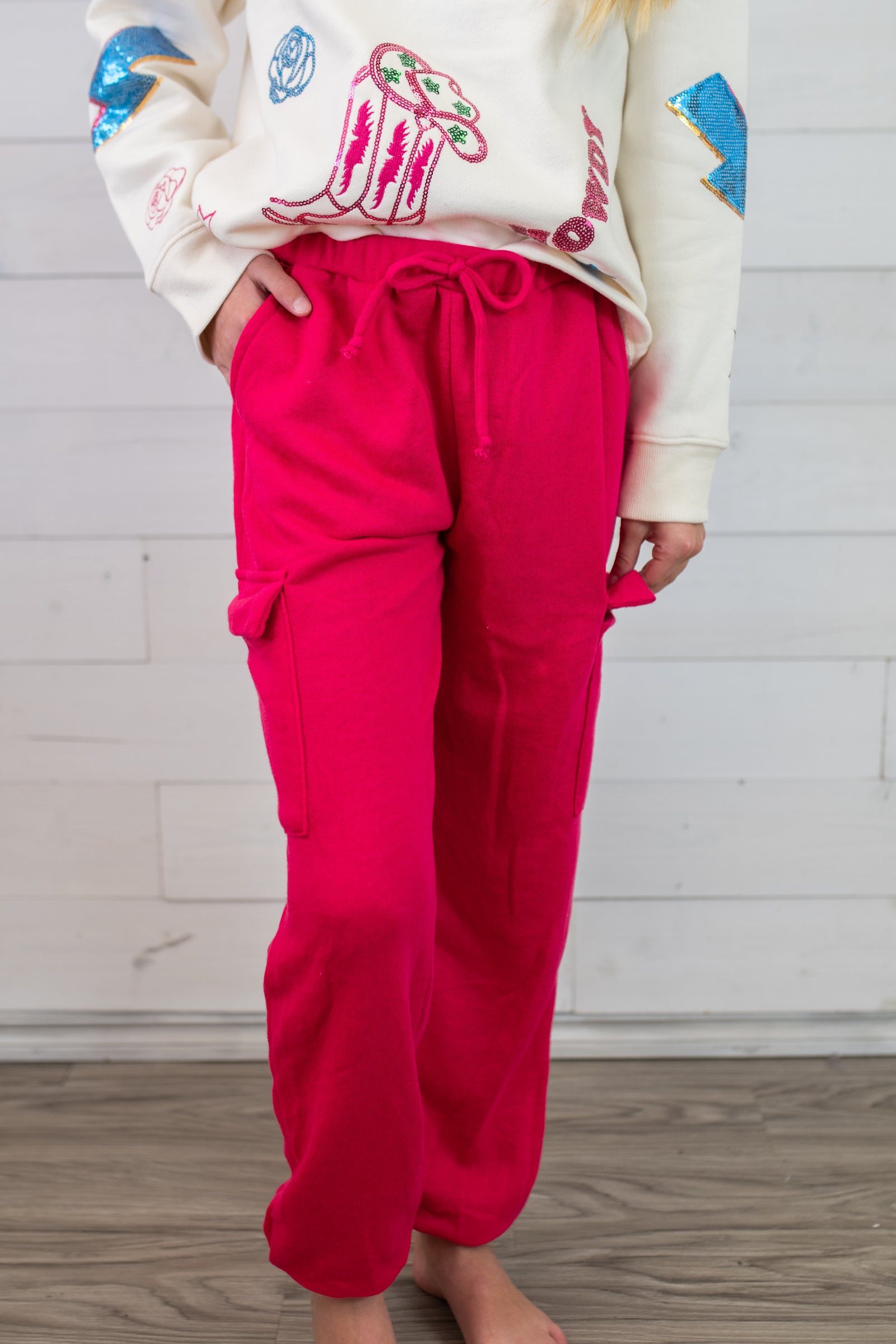 Good Girl Cotton French Terry Cargo Pants-Hot Pink