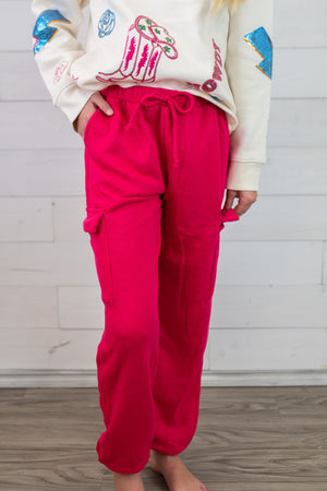 Good Girl Cotton French Terry Cargo Pants-Hot Pink