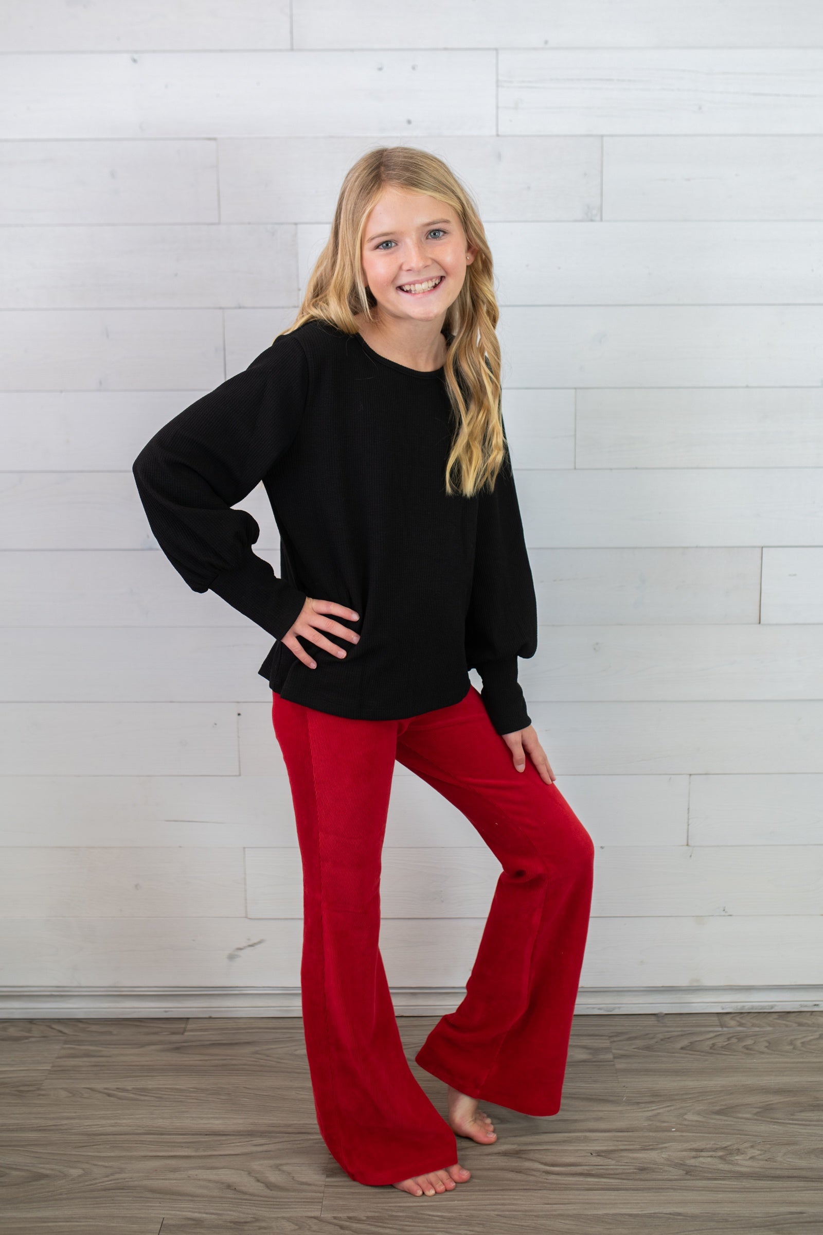 Paper Flower Super Flaired Bell Bottom Tween Pants-Red