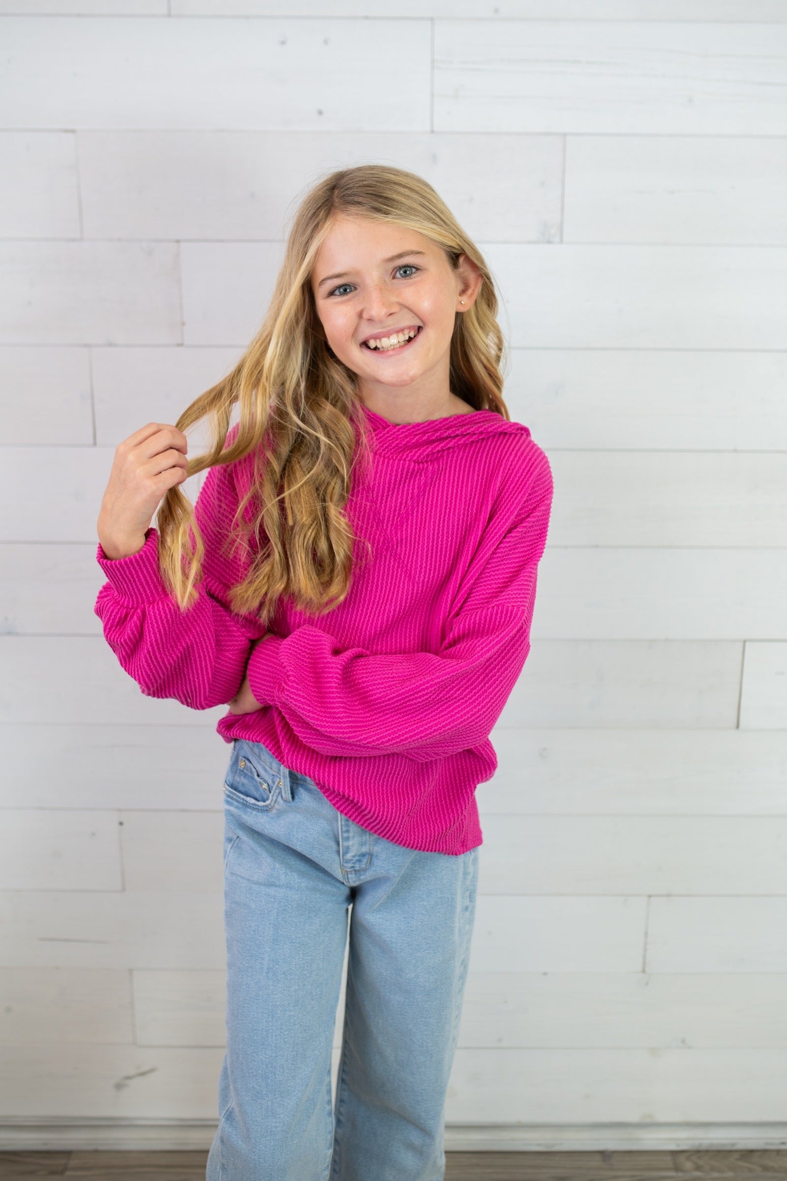 Good Girl Embossed Ribbed Oversized Hoodie-Magenta