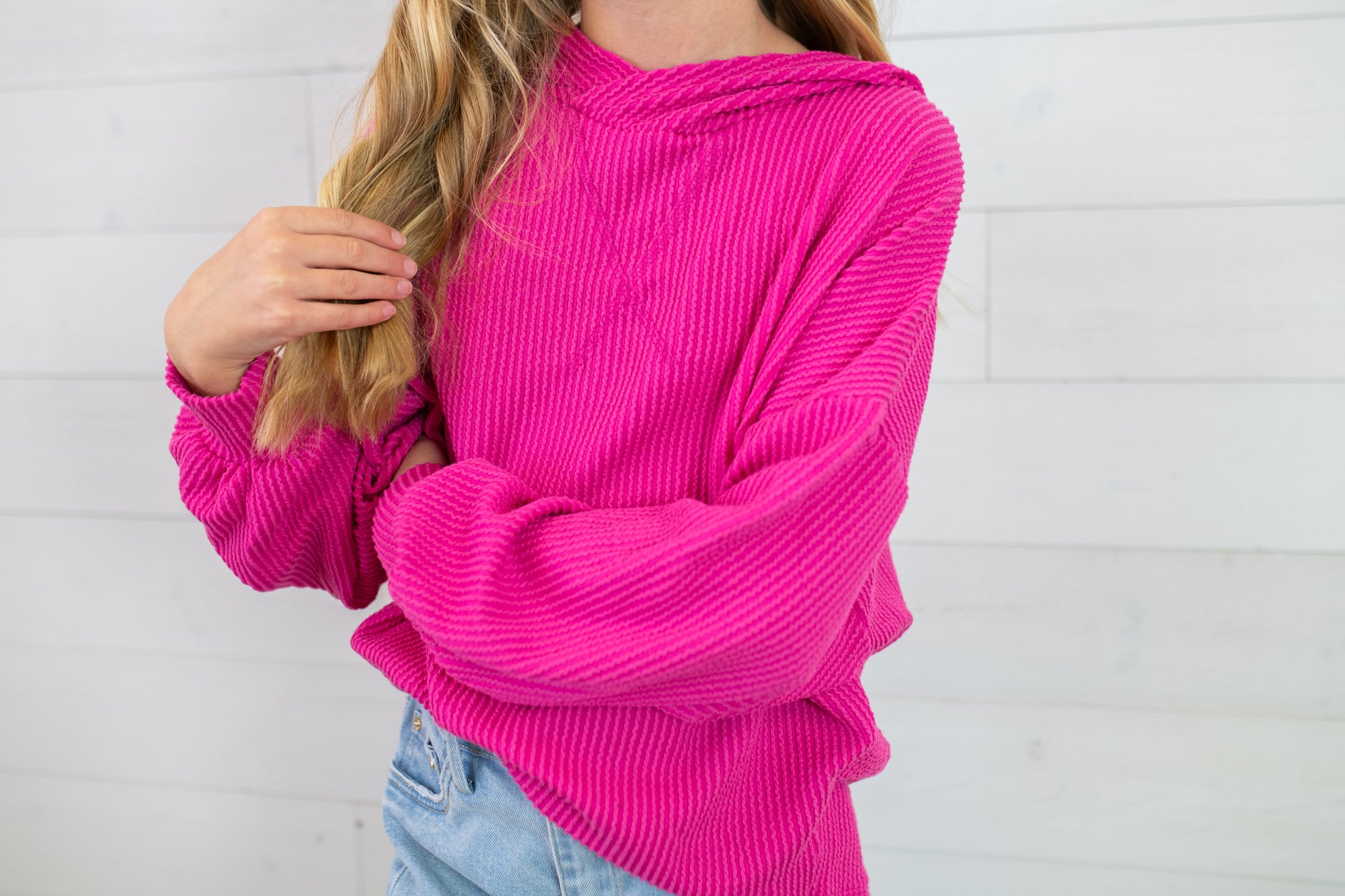 Good Girl Embossed Ribbed Oversized Hoodie-Magenta