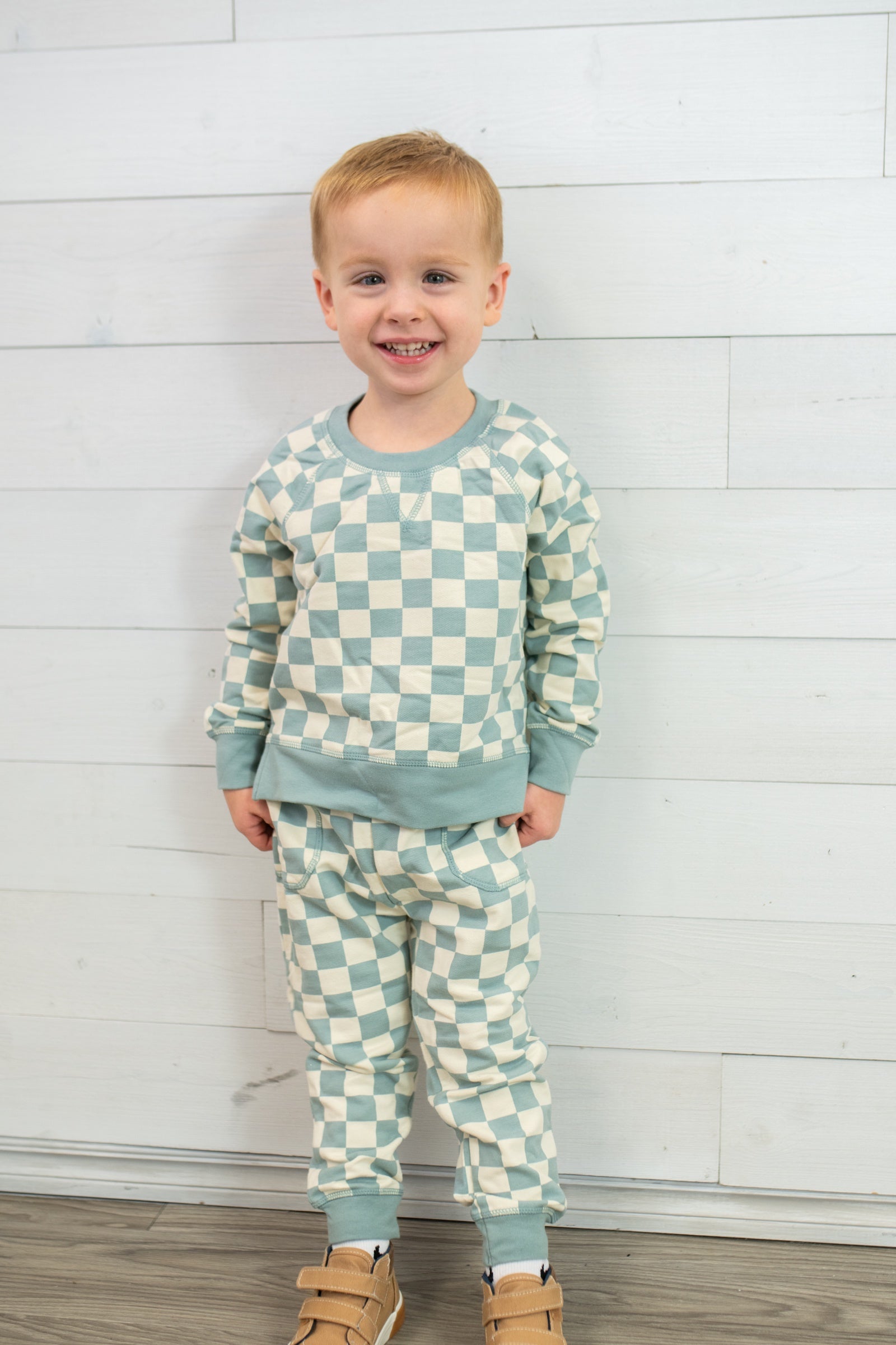 French Terry Checkerboard Gray Mist Raglan Sweatshirt with Jogger Set