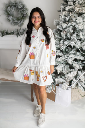"Christmas Patch Dress" White