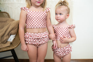 Strawberry Checkered Girls Two Piece Ruffle Swim Suit