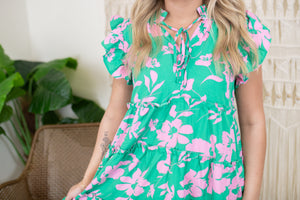 Green Split Neck Graphic Floral Print Tiered Maxi Dress