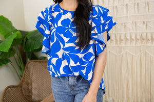 Blue and White Round Collar Ruffled Sleeve Top