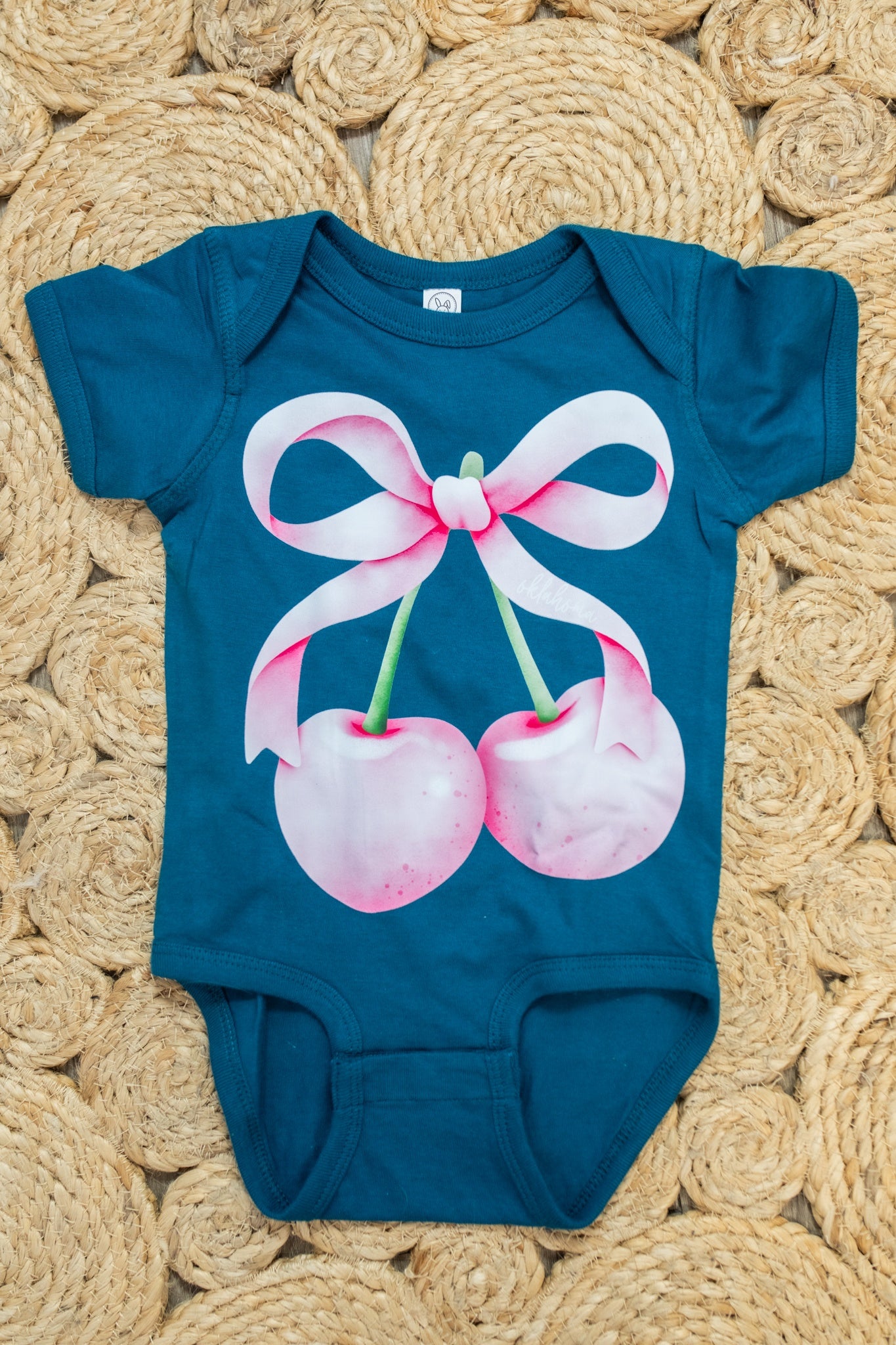 Baby Oklahoma Bow Cherries Onesie-Blue