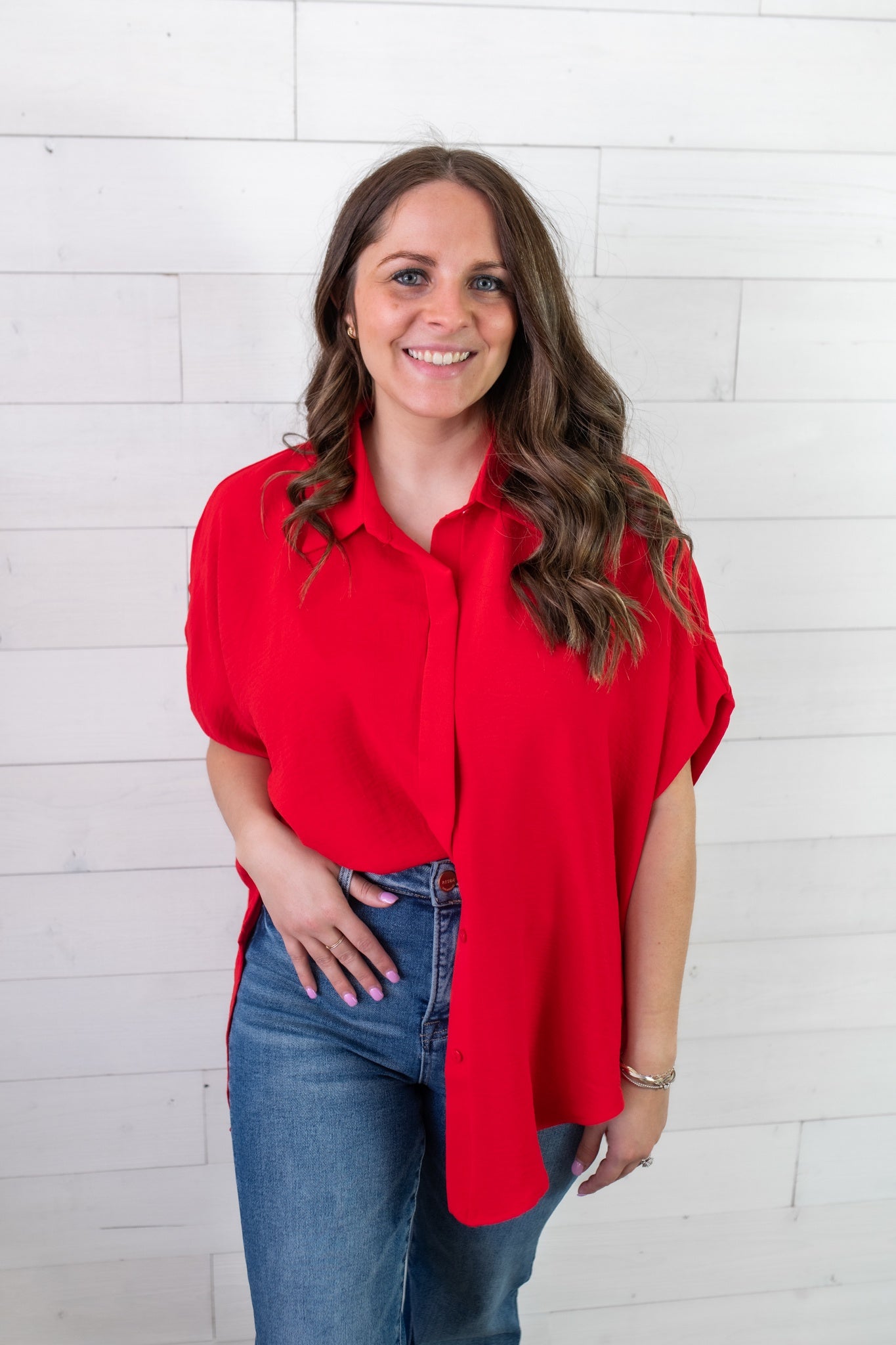 Umgee Oversized Button Down Hi-Low Shirt-Cherry Red