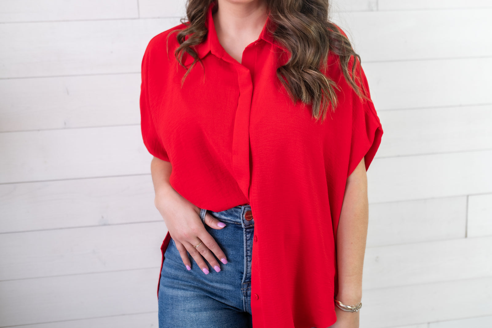 Umgee Oversized Button Down Hi-Low Shirt-Cherry Red