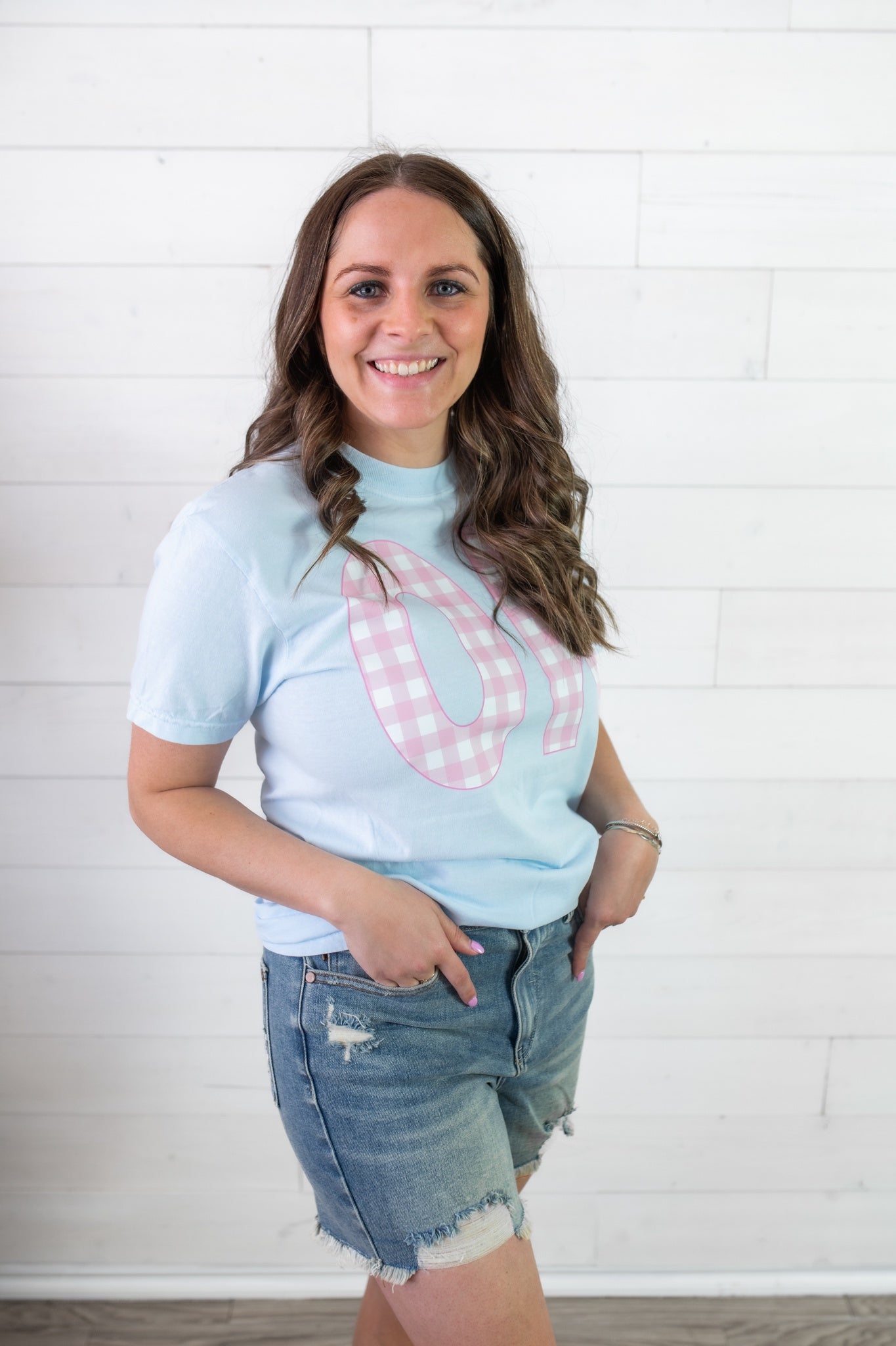 OK Pink Gingham Graphic Tee-Blue