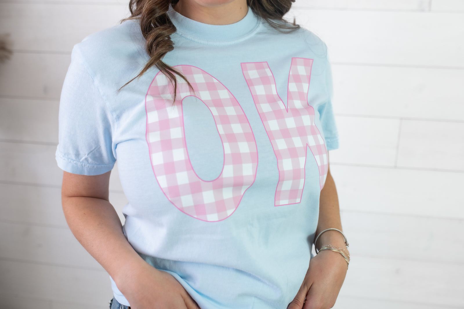 OK Pink Gingham Graphic Tee-Blue