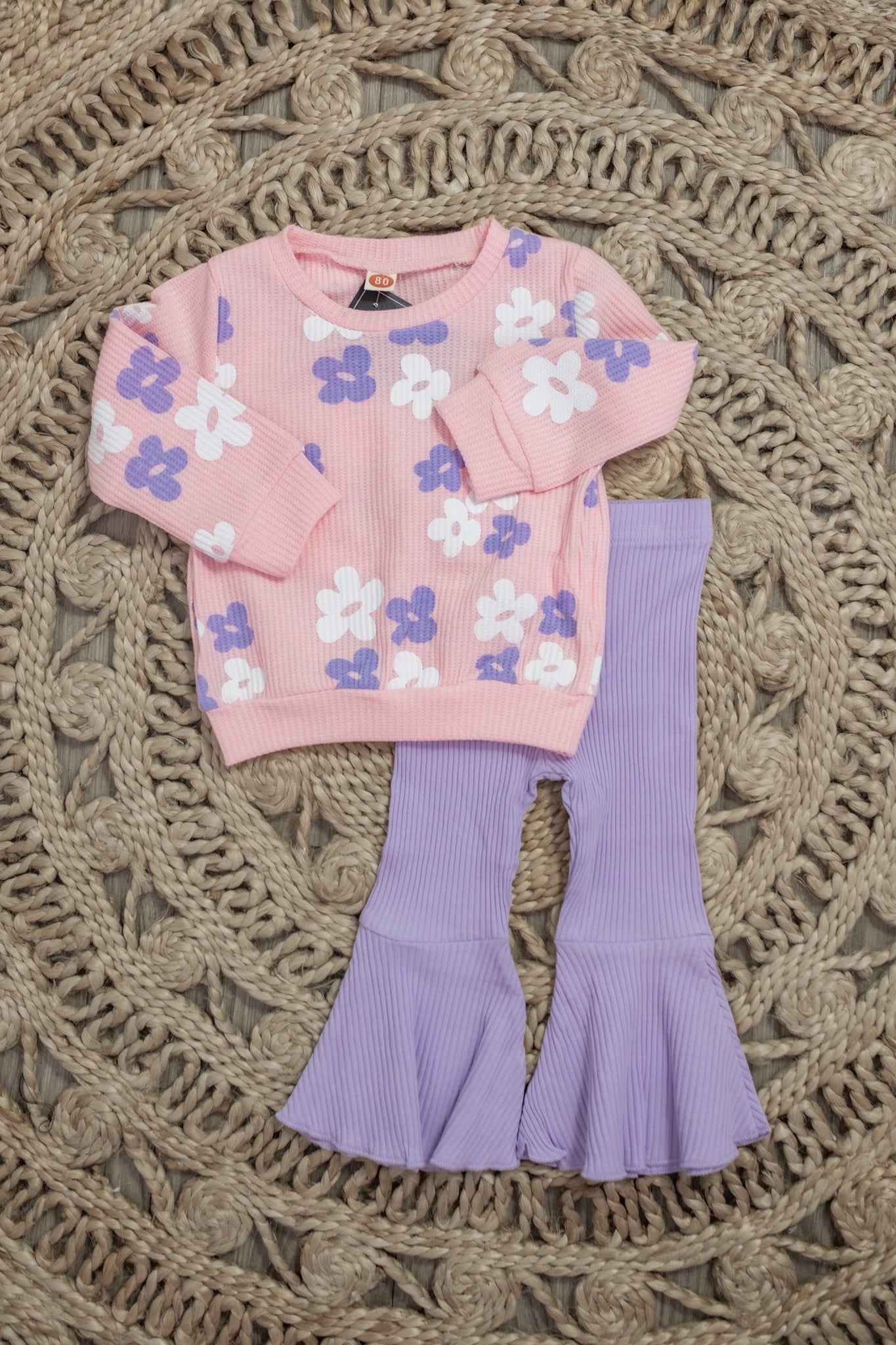 Girls Pink Flower Waffle Knit Bell Bottoms