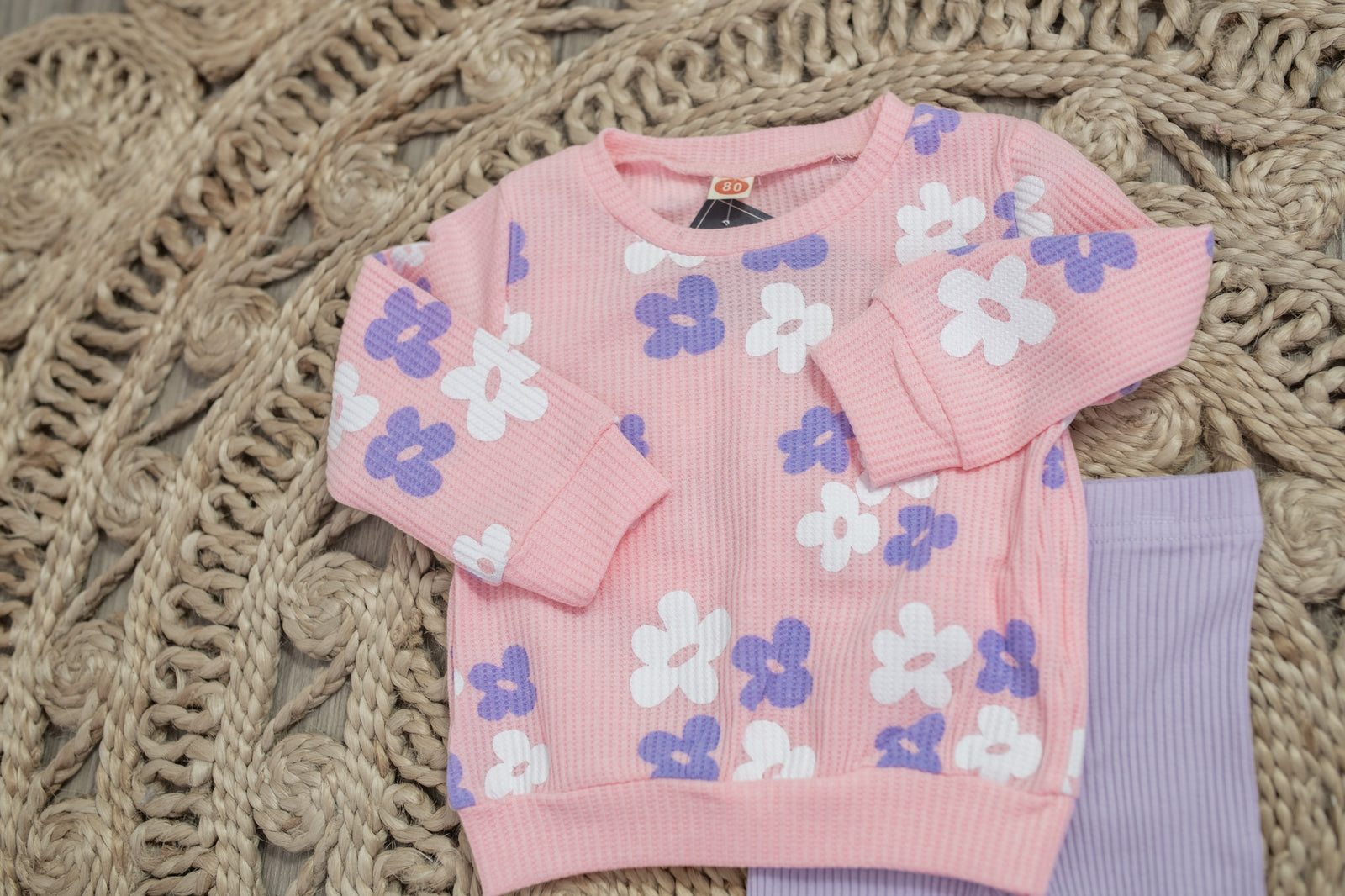 Girls Pink Flower Waffle Knit Bell Bottoms