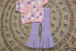 Girls Pink Flower Waffle Knit Bell Bottoms