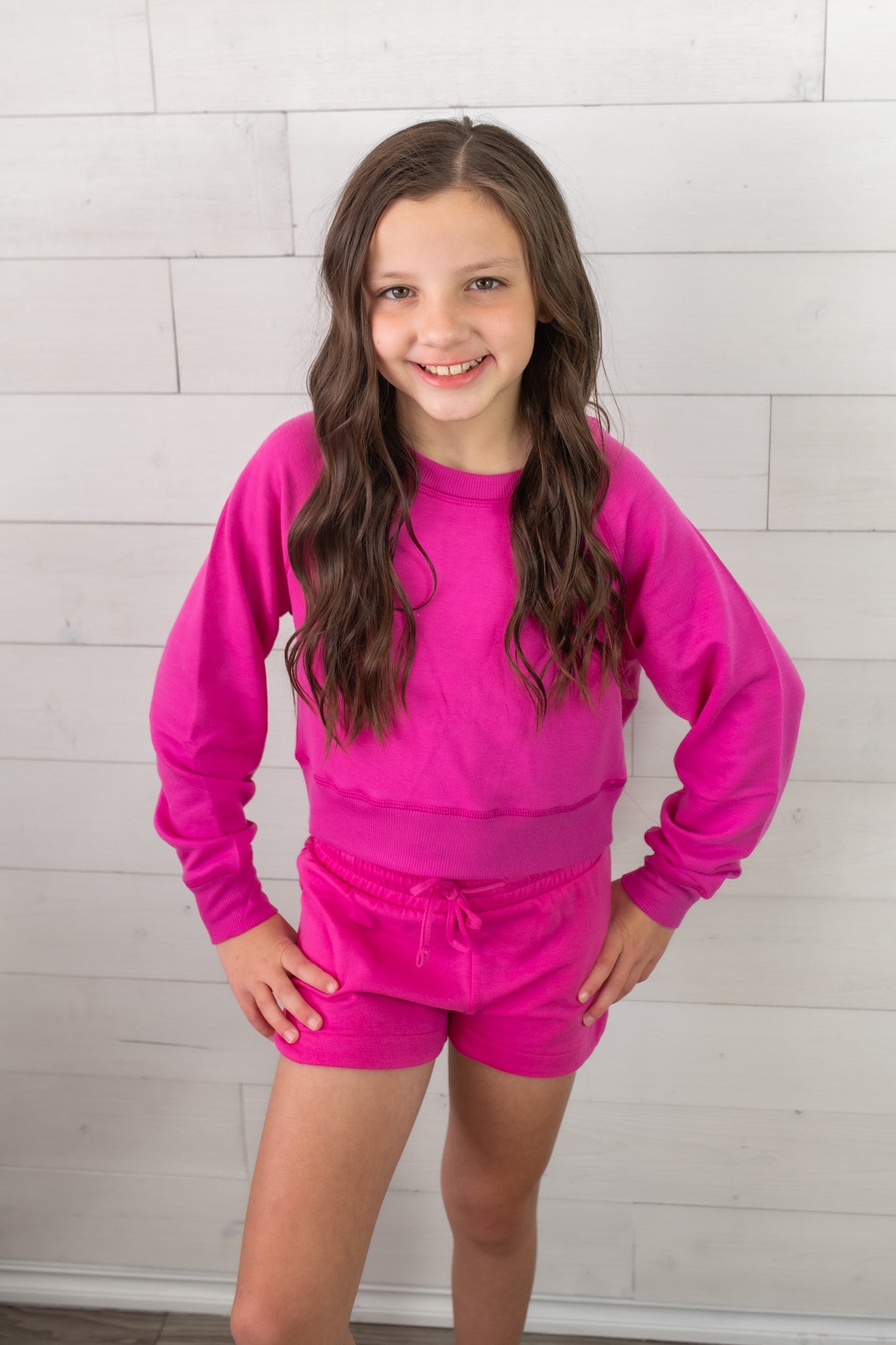 Girls Brushed Soft Cloud Crew Neck Top-Muted Fuchsia