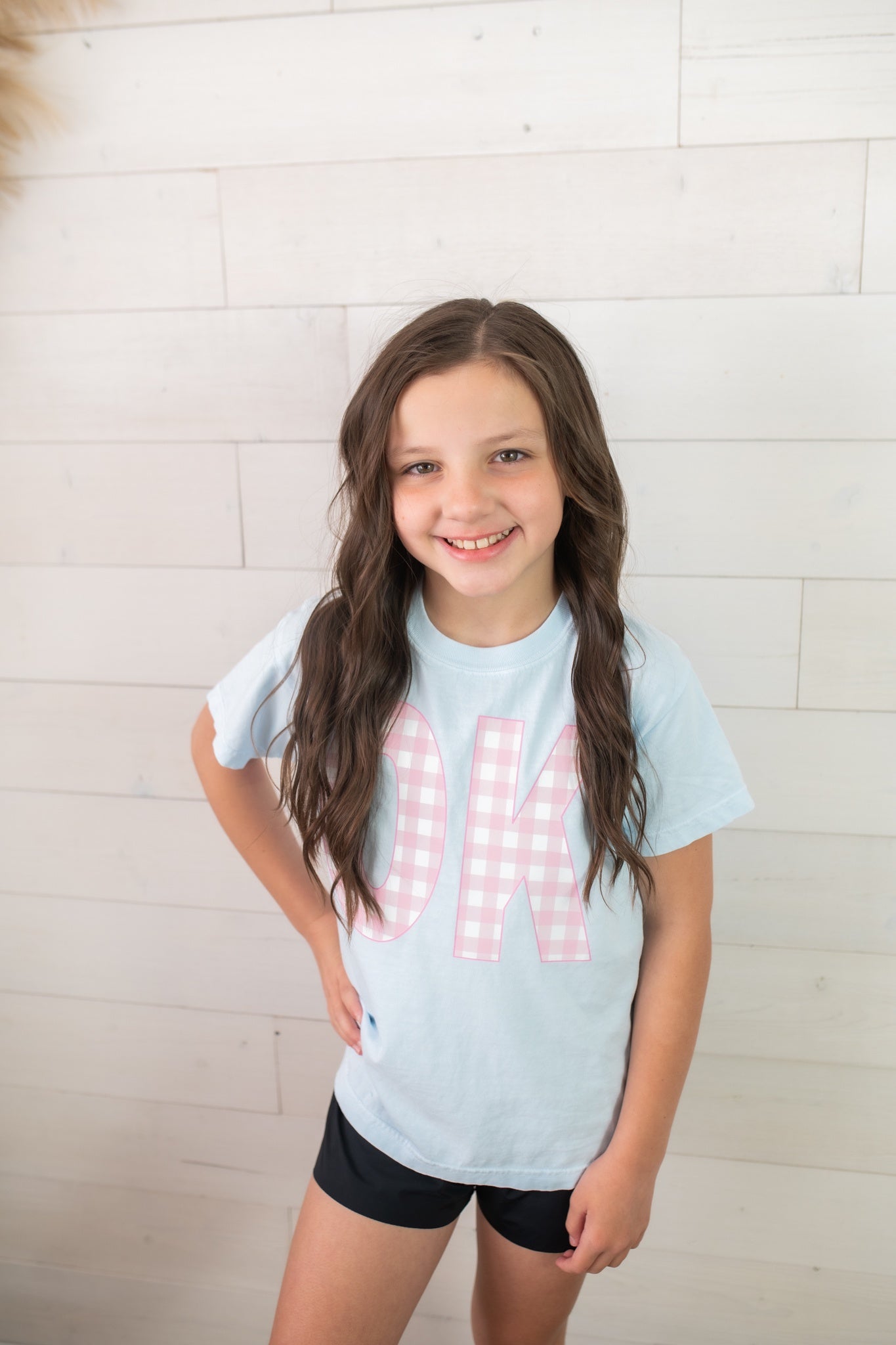 Girls Ok Pink Gingham Graphic Tee-Blue