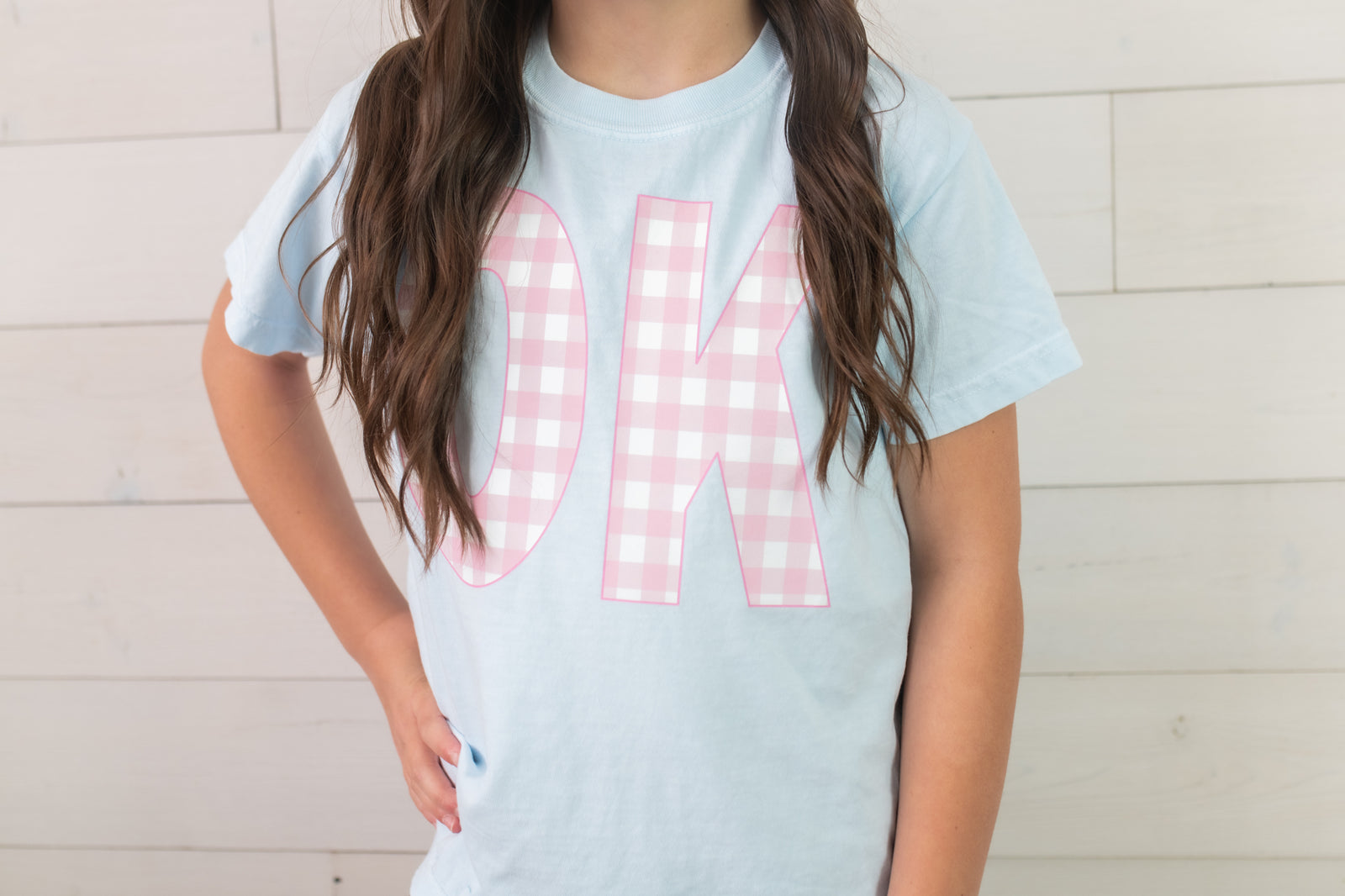 Girls Ok Pink Gingham Graphic Tee-Blue