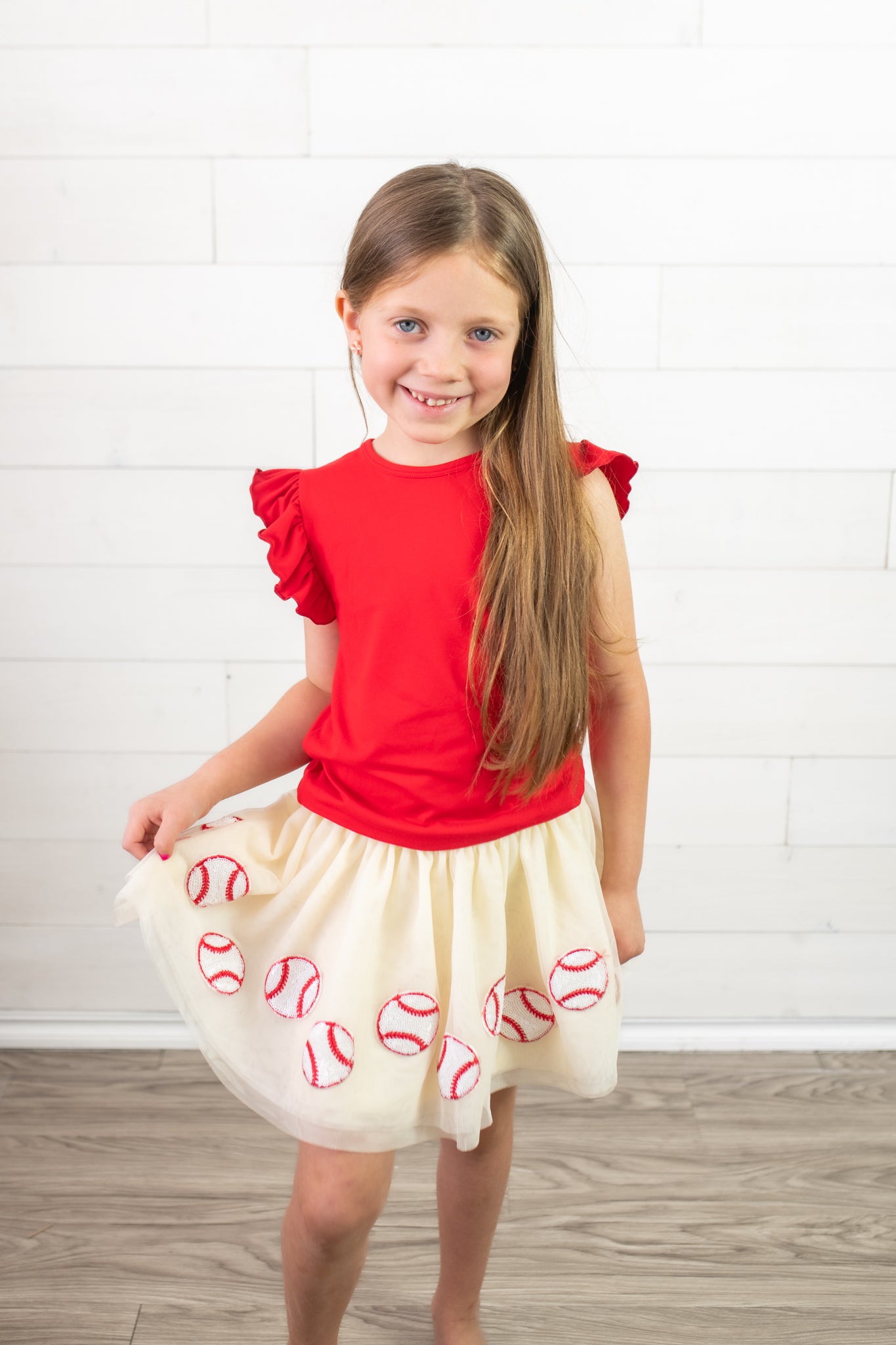 Red Solid Ruffle Sleeve Tee