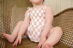 Smocked Bubble with Skirt-Checkerboard Pink