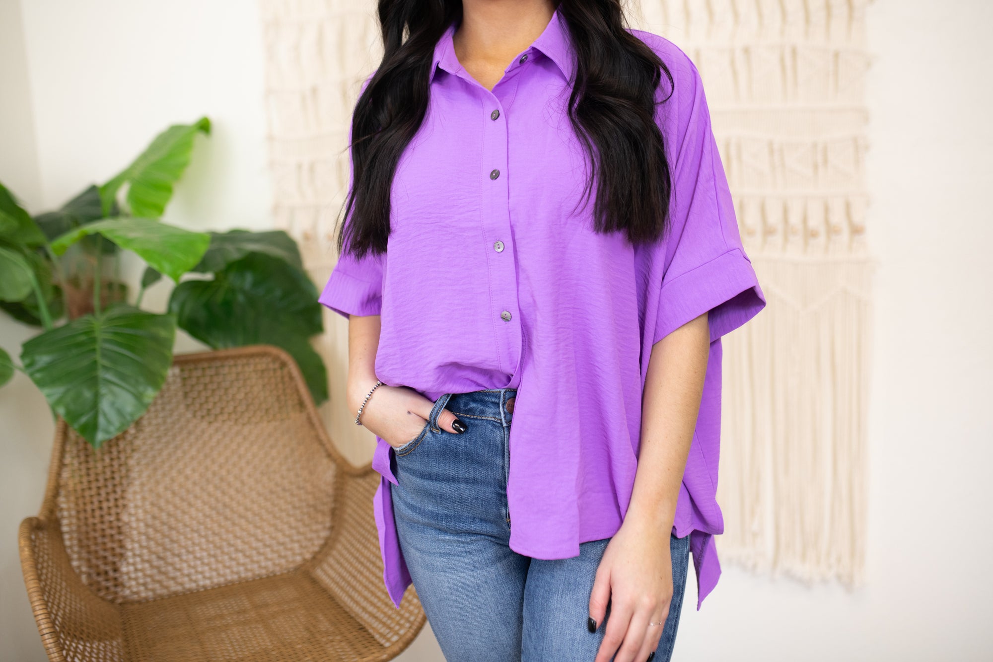 Lilac Button Up Short Sleeve Collared Shirt