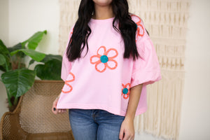 Pink Flower Knit Top with Woven Puff Sleeves