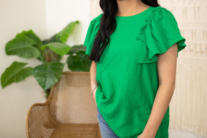 Kelly Green Solid Woven Ruffle Sleeve Blouse