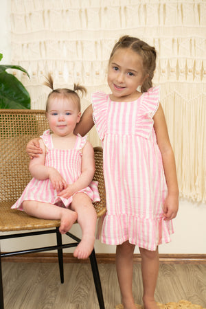 Picot Trim Edged Dress-Pink Stripe