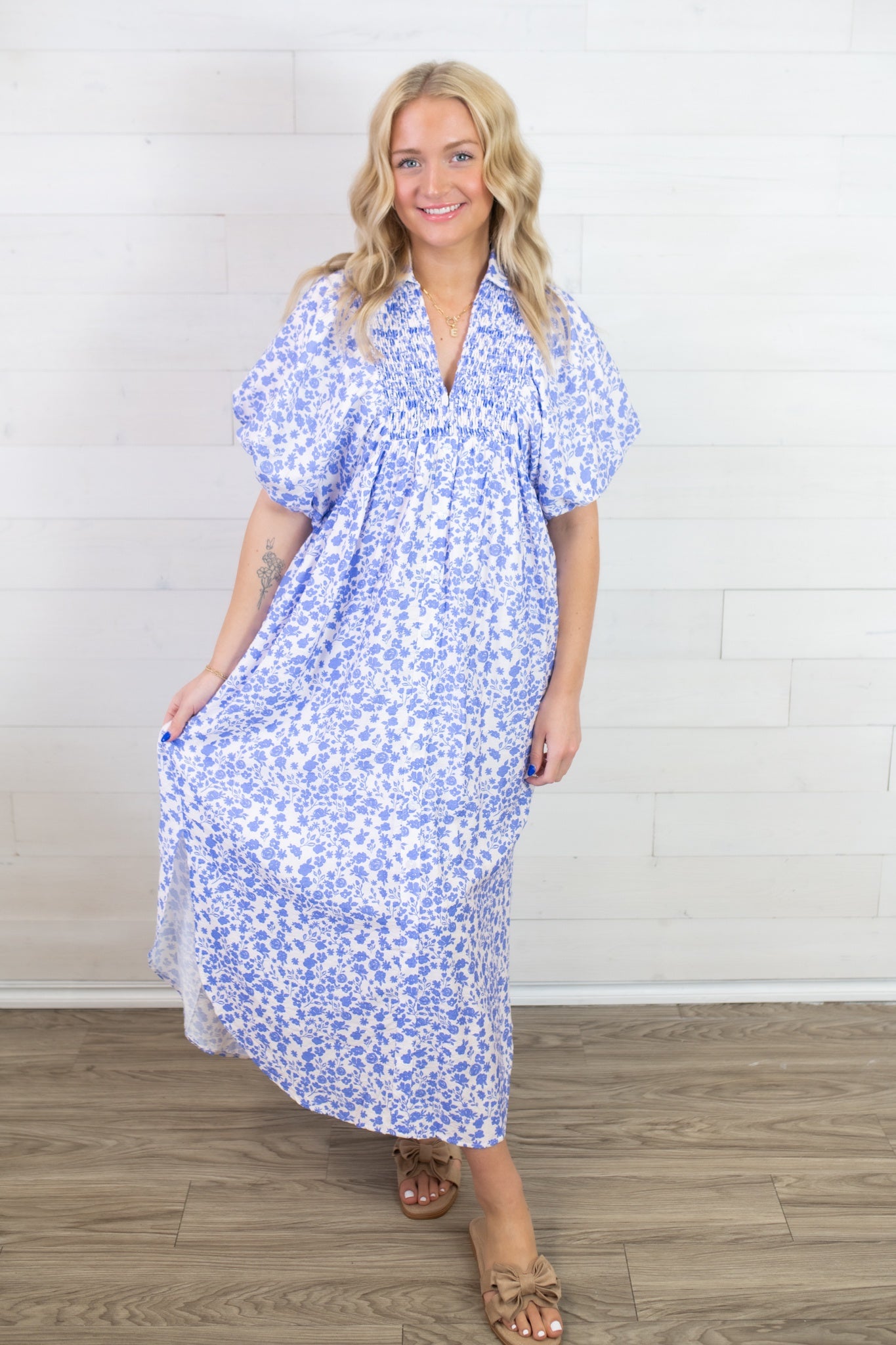 Entro Flowy V-Neck Button Up Dress Blue