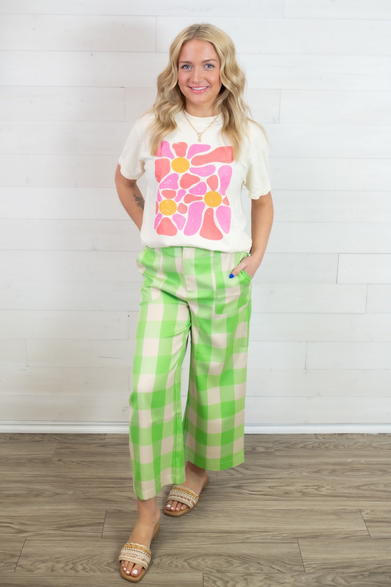 Green & Cream Check Wide Leg Pants