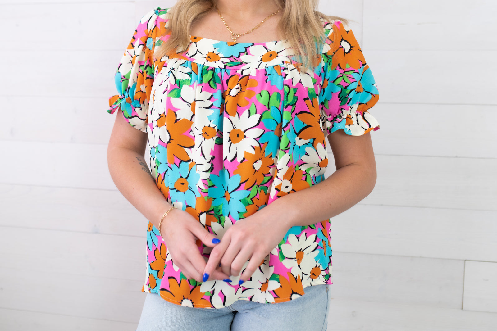 Square Neck Puff Sleeve Top Fuschia Combo