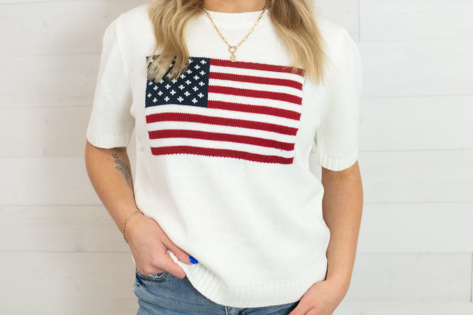 American Flag SS Sweater White