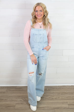 Ginny Front Patch Pocket Wide Leg Overalls-Light Denim