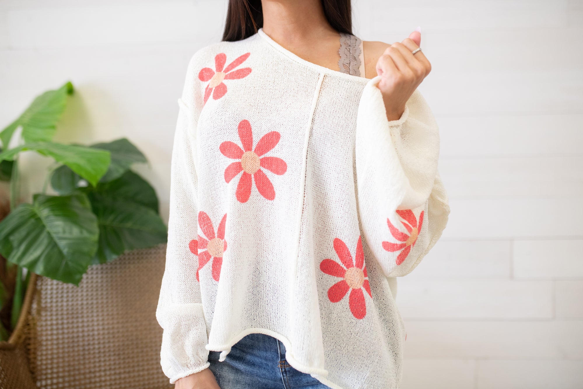 Crop Ivory Sweater with Pink Flowers