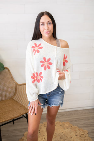 Crop Ivory Sweater with Pink Flowers