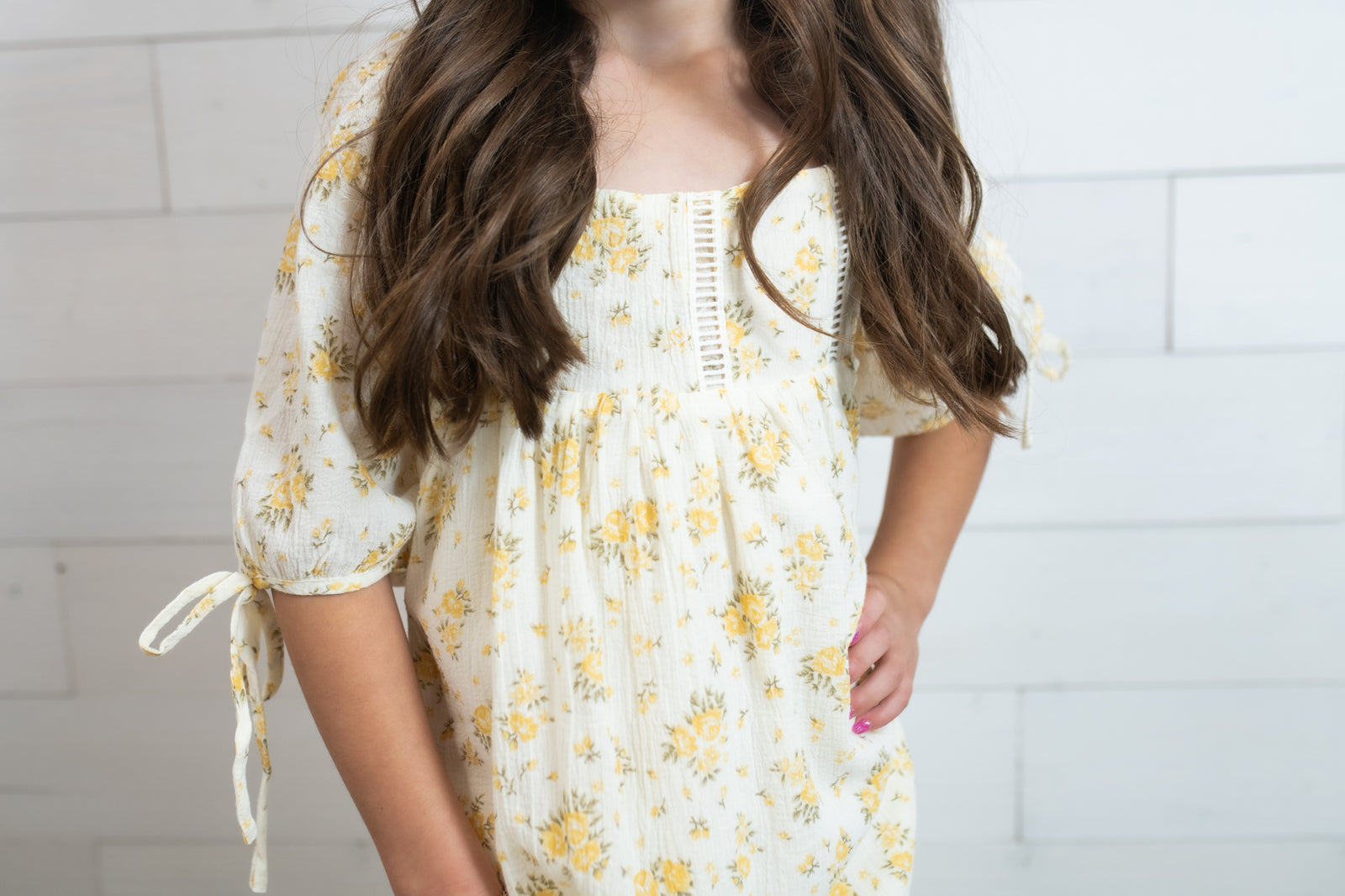 Girls Square Neck Floral Dress Yellow
