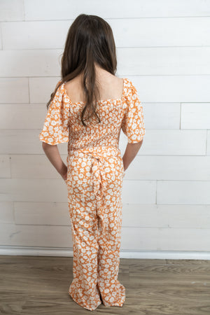 Girls Floral Jumpsuit Apricot
